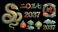 Ornate green and gold serpent with decorative Asian numerals, lanterns, and flame elements isolated on transparent background. Ready for t-shirt design, clipart, stickers, sublimation, and print-on-demand projects.