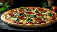 Fresh pepperoni pizza with melted mozzarella cheese and basil leaves on dark stone background, close up view showing crispy crust and savory toppings.