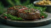 Juicy grilled beef steak filets with rosemary and herbs served on rustic stone plate. Perfect for gourmet restaurant menu photography.