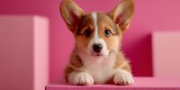 Adorable Welsh Corgi puppy with expressive ears and white paws resting on pink platform against vibrant pink background, perfect for pet marketing.