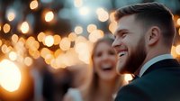 Young Caucasian man with beard laughing at evening celebration with festive bokeh lights creating magical atmosphere. Joyful moment captured at outdoor party.