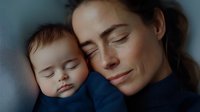 Tender moment between mother and sleeping baby in blue tones. Close up portrait showing peaceful expressions and emotional connection. Motherhood lifestyle concept.