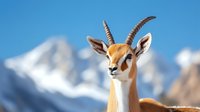 Majestic gazelle with curved horns against snow-capped mountain backdrop and clear blue sky, showcasing wildlife in natural alpine habitat.