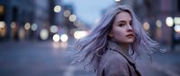 Young blonde woman with flowing hair walking through city street at dusk with bokeh lights creating atmospheric urban evening scene for lifestyle content.