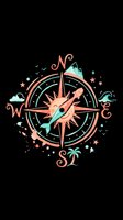 Compass rose with airplane, mountains, clouds, and ocean waves in coral and mint green. Isolated on transparent background, ready for t-shirts, stickers, sublimation, print-on-demand products, and clipart designs.