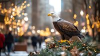 Majestic bald eagle perched on holiday decorated greenery in urban setting with glowing bokeh lights and blurred city crowd in background. Perfect winter wildlife scene.