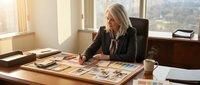 Mature woman with long blonde hair, wearing professional black blazer and burgundy scarf, reviewing color swatches and design samples at wooden desk in modern office with city view, suitable for interior design, architecture, creative business, and professional services marketing.