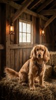Golden retriever dog sitting in rustic wooden barn with warm lantern lighting and hay bales creating cozy farmhouse atmosphere for pet photography.
