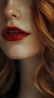 Close-up of sensual red lips and ginger hair against soft skin background, dramatic lighting enhances natural beauty for cosmetic and fashion advertising.