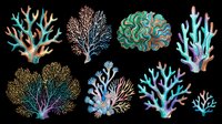 Colorful coral reef elements set, isolated on transparent background. Watercolor-style sea corals clipart for t-shirt design, stickers, print on demand, and sublimation projects.