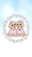 Two adorable puppies wearing pink outfits and hats surrounded by floral wreath with hearts on soft pastel background for greeting cards and romantic designs.
