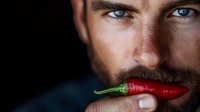 Bearded man with intense blue eyes holding red chili pepper near lips against dark background, dramatic lighting creates mysterious mood for food and portrait photography.