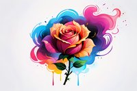 Vibrant watercolor rose bloom with flowing blue and pink abstract swirls, orange and coral petals, green stem, and colorful paint drips on white background.