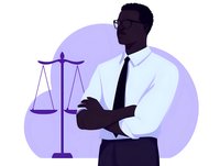African American male lawyer in business attire standing confidently with crossed arms near scales of justice symbol on purple background, professional legal services concept.