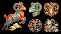 Ornamental ram and goat heads with decorative scrollwork, isolated on transparent background. Ready for t-shirt design, clipart, stickers, sublimation, print-on-demand products and digital crafts.