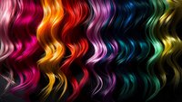 Vibrant wavy hair strands in rainbow colors from pink to yellow create dynamic pattern on black background. Multicolored curls showcase modern hair coloring trends.