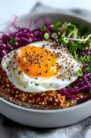 Sunny side up egg on whole grain toast with microgreens, purple cabbage, and black sesame seeds served in white ceramic bowl, healthy breakfast concept.