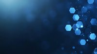 Glowing blue hexagonal shapes float against dark background with bokeh effect and particles, creating modern technological abstract composition.