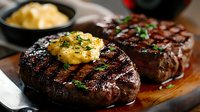 Juicy grilled beef tenderloin steaks topped with herb butter on wooden cutting board, charred grill marks, garnished with fresh parsley and sauce.