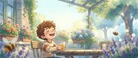 Happy young boy enjoying breakfast outdoors on sunny garden terrace with colorful flowers and natural lighting for family lifestyle content.