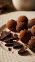 Homemade chocolate truffles dusted with cocoa powder arranged on white textured plate with dark chocolate pieces, ideal for confectionery, dessert, and food styling.
