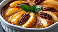 Baked pear dessert with pecan nuts and cinnamon in white ceramic dish, topped with fresh mint leaves. Close up view of homemade autumn sweet treat.