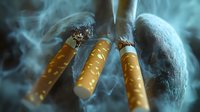 Burning cigarettes with smoke against dark background showing harmful effects on lung health. Medical concept illustrating dangers of tobacco addiction.