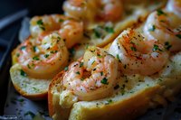 Grilled shrimp appetizers on toasted bread slices with herbs and seasoning, ready for gourmet dining and culinary presentations.