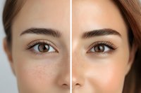 Before and after makeup comparison showing natural skin texture and freckles versus polished cosmetic application on Asian woman face closeup, focusing on eye area.