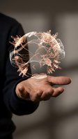 Businessman holding glowing digital globe with network connections floating above palm representing global business technology and connectivity solutions.