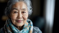 Senior Asian woman with gray hair wearing colorful knitted scarf, warm smile, natural lighting portrait for lifestyle and aging gracefully concepts.