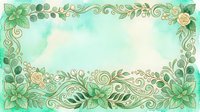 Ornamental floral frame with green leaves and golden roses on mint watercolor background, isolated on transparent space for design projects.