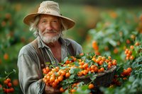 Senior Caucasian farmer with gray beard wearing straw hat holds woven basket full of freshly harvested organic cherry tomatoes in sunny garden setting.