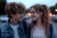 Young couple sharing joyful moment outdoors at dusk, wearing matching denim jackets and casual attire, with natural curly hair and genuine smiles.