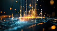 Glowing digital circuit board with rising light beams and bokeh particles against dark background creates futuristic technology visualization. Suitable for tech concepts.