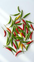 Fresh colorful chili peppers scattered on white background, green red yellow hot spicy vegetables for cooking and culinary ingredients.
