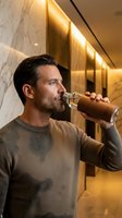 Middle-aged man with dark hair and facial hair drinking water from glass bottle in modern corridor with warm lighting and marble walls.