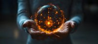 Glowing orange digital sphere with network connections floating above hands, representing global technology and digital transformation in business concept.