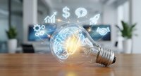 Light bulb with glowing brain and business icons floating above wooden desk in modern office environment representing innovation and entrepreneurship.