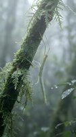 Moss-covered tree branch with delicate ferns and water droplets in misty forest atmosphere creating serene natural woodland scene for environmental concepts.