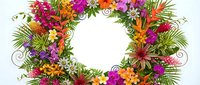 Tropical floral wreath with vibrant hibiscus flowers, palm leaves and decorative swirls on white background for summer design projects.