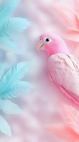 Pink parrot with soft mint feathers background in dreamy pastel colors creating gentle romantic mood for nursery art, wedding design, and feminine branding.