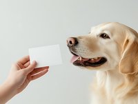 Golden retriever dog holding blank white card in mouth, human hand presenting empty business card or message space, studio shot on neutral background, suitable for pet advertising, veterinary services, dog training, pet care products, and animal-related marketing campaigns.
