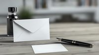 White envelope and blank paper with fountain pen on wooden desk, elegant business correspondence setup with ink bottle in soft natural lighting.