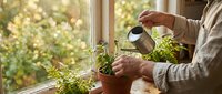 Person watering small potted herbs on sunny windowsill with watering can, indoor gardening and plant care at home for cooking and wellness.