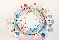 Vibrant watercolor circular frame with colorful paint splatters and dots in blue, orange, red and turquoise perfect for creative designs, cards and artistic backgrounds.