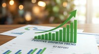 Green arrow and bar chart showing positive growth trend on financial report with blurred office background for business presentations and marketing materials.