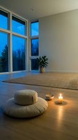 Serene meditation room with floor cushions, candle and yoga mat at twilight. Minimalist zen space for mindfulness practice and relaxation.