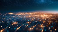 Glowing digital network landscape with golden light connections against deep blue starry night sky, representing global technology infrastructure.