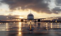 Commercial passenger aircraft on wet runway during dramatic sunset with reflective lighting and stormy clouds, front view perspective showing landing lights.